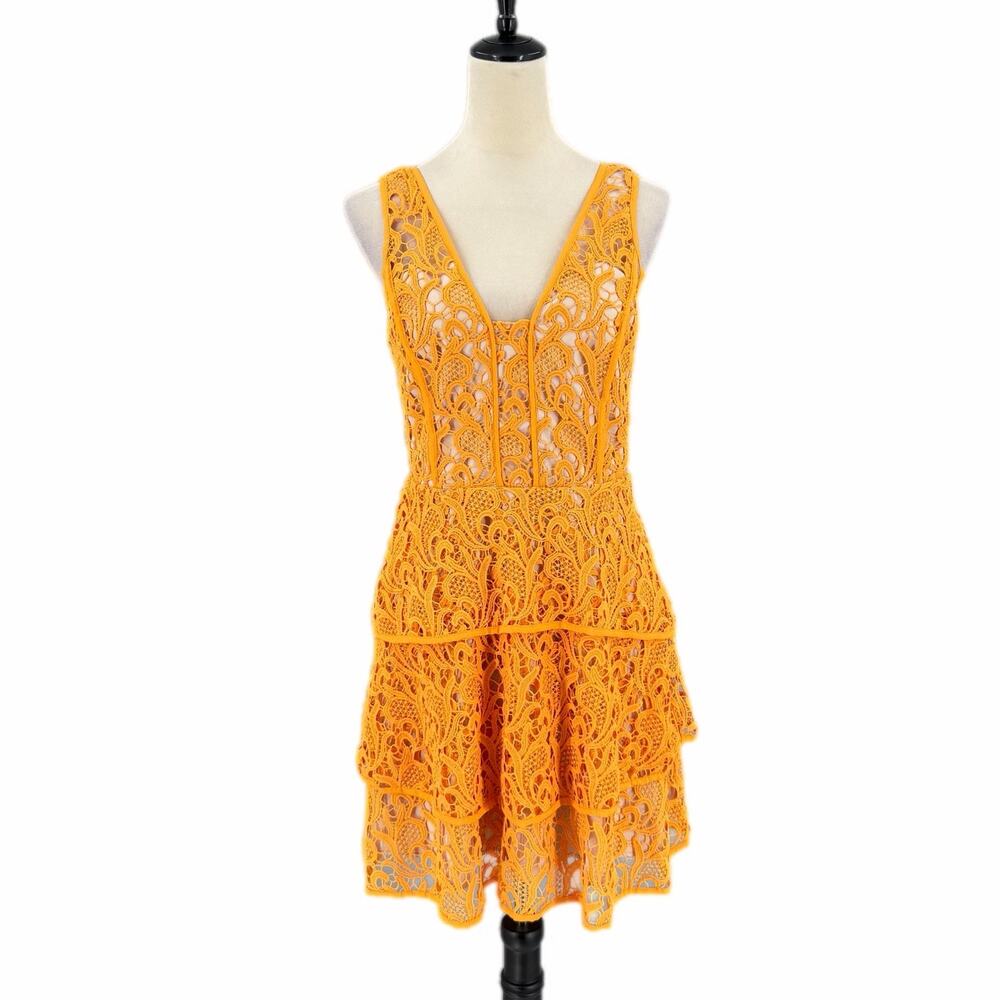 Adelyn Rae Orange Mango Lace Ruffle Tiered Summer Party Bright Flirty Mini Dress